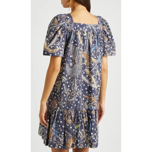 Cara Cara Janie Blue Floral Cotton Puff Sleeve Mini Dress Size Large - Picture 2 of 10